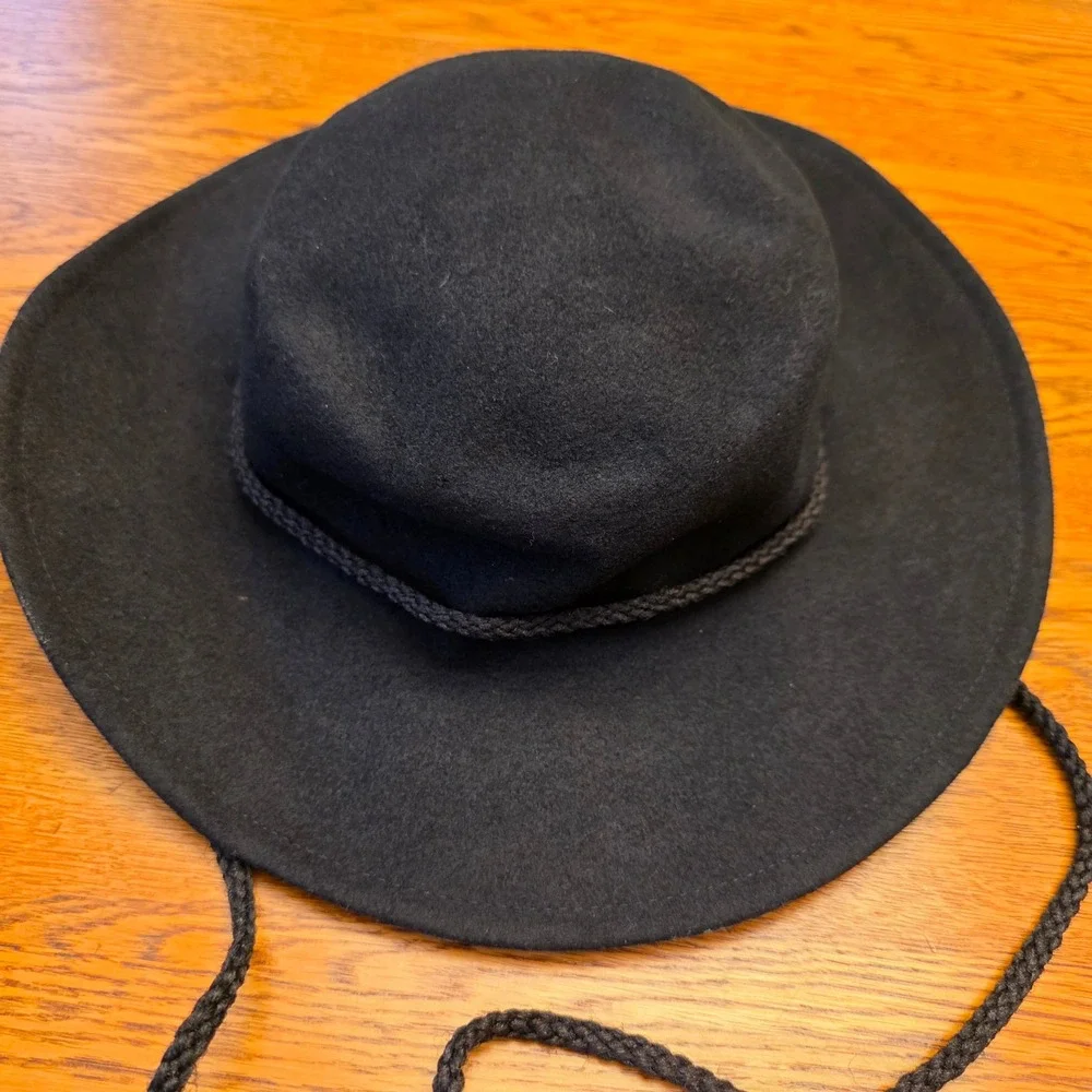 Arlin Vintage‎ Black 100% Wool Wide Brim Felt Hat Chin Strap Sombrero Cowboy USA